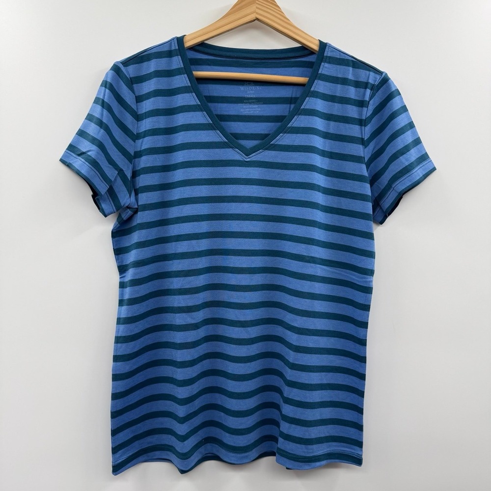 NEW Woolx Junie V-Neck Merino Wool T-Shirt Women's Small Blue Woodland Stripe